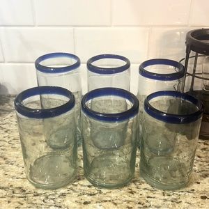 Hand Blown Cobalt Blue Rimmed Bubble Glasses — Set of 6 Made in Mexico